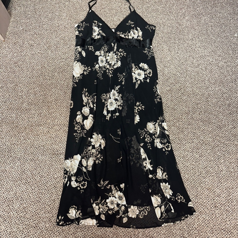 California Dynasty‎ Black Floral Chiffon Nightgown Satin Trim XL 458359